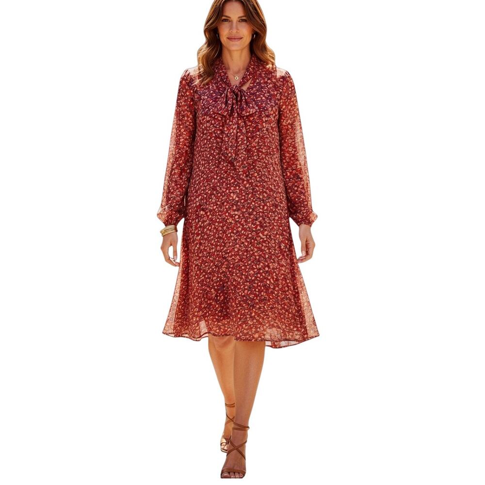 Boden Red Floral Tie‑Neck A‑Line Dress Long Sleeve Size 8